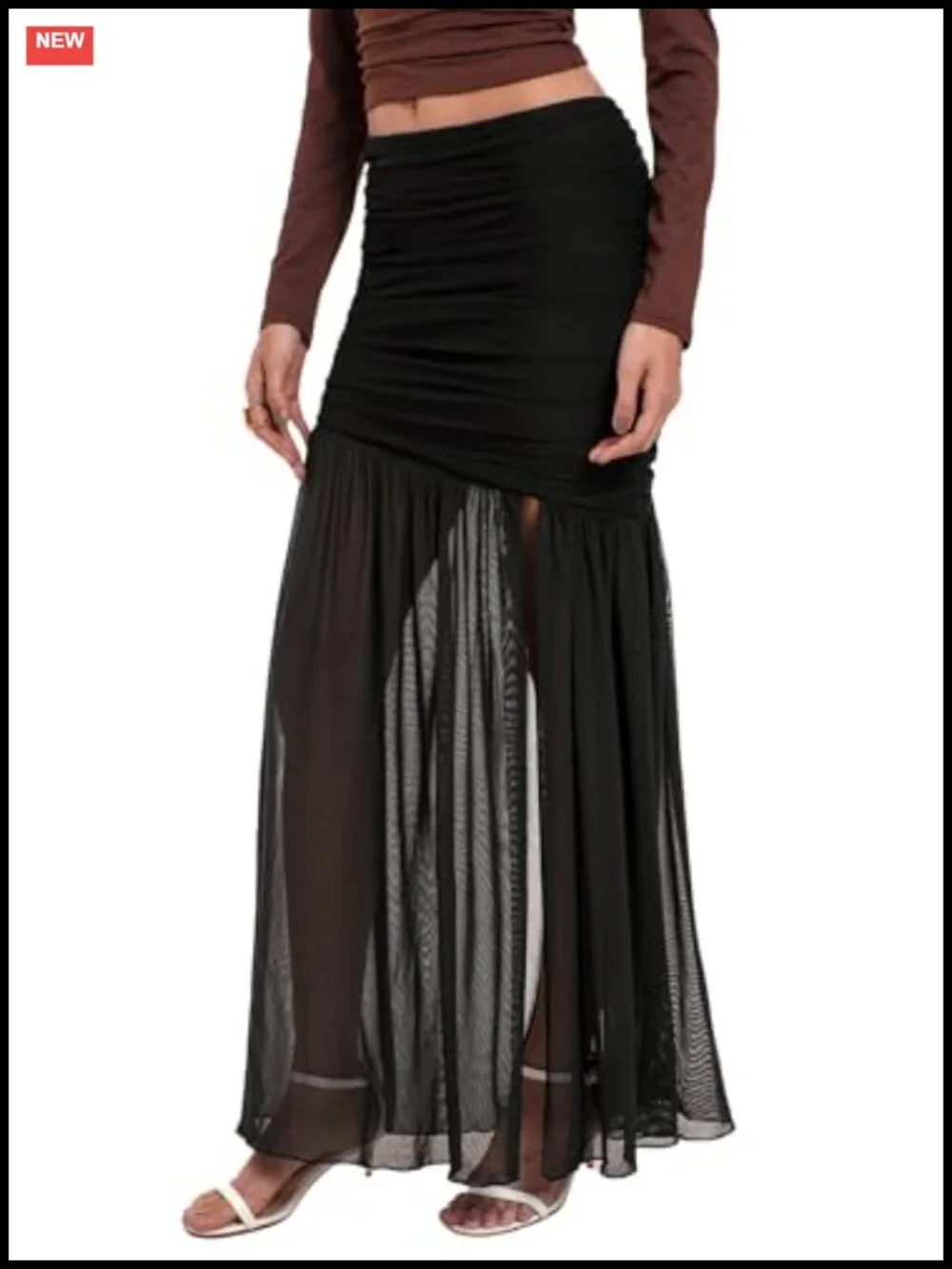 Women's Mesh Maxi Skirt Side Ruched Slit Hem Flowy Bodycon